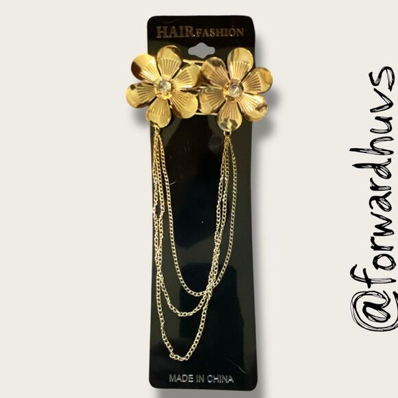 Bundle Sale 3 for $15 | Floral Hair Clips with Chains – Glass Stone Centers - Picture 1 of 5